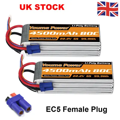 2pcs Youme 22.2V 6S 4500mAh EC5 80C LiPo Battery For RC Drone Car Helicopter FPV • £69.99