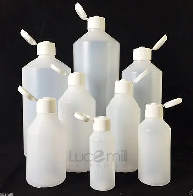 £4.99 • Buy Natural HDPE Plastic Bottles & WHITE Smooth FLIP TOP Lids Caps 30ml - 1 Litre (L
