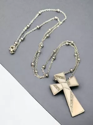 Vintage ￼ Sterling Silver Marcasite Marble Christian Cross￼￼ Necklace 24” • $26.58