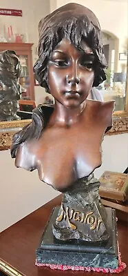 Antique Emmanuel Villanis Art Nouveau Bust Of Mignon 1896 Solid Bronze 23.5  H • $4244.77