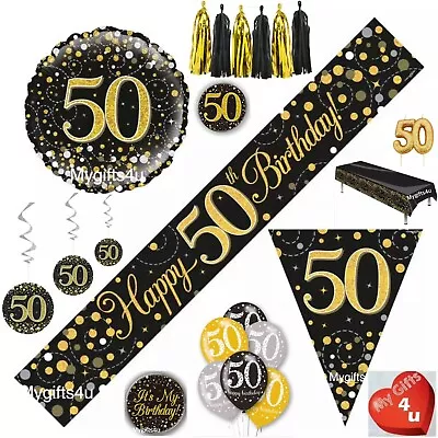 Age 50th & Happy Birthday Party Decorations Buntings Black Gold Banners Balloons • £4.99