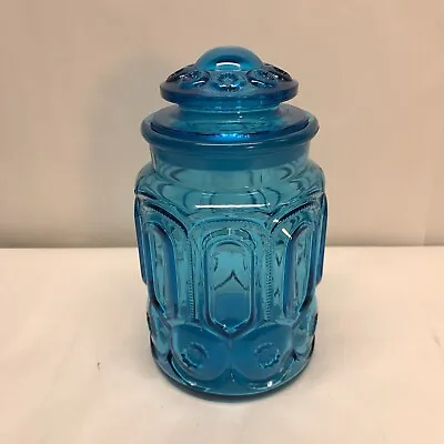 Vintage L.E. Smith Moon & Stars Blue Glass Canister Apothecary Jar With Lid 9.5” • $55.55