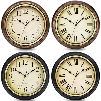 Wall Clock Quartz Round Vintage Retro Home Office Kitchen Silent Non Ticking • £15.06