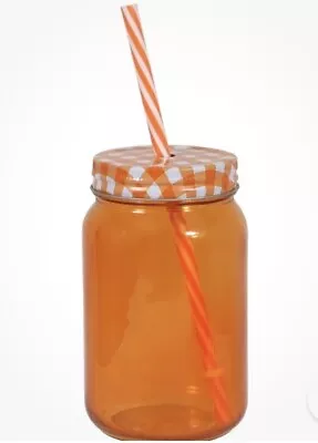 Christmas/Valentines Orange  Mason Cup W/Lid/Straw 14oz/5Inches Tall-Glass • $16.88