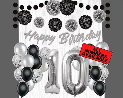 Silver & Black 10th Birthday Decorations - 40  Number Balloons &More Boy Or Girl • £28.94