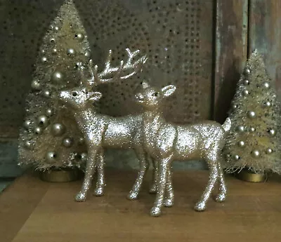 Putz Vintage Style Christmas Champagne Gold Glitter Deer Set Buck & Doe • $18.99