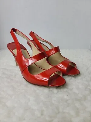 Manolo Blahnik Womens Heel Shoes Size 7 Red Patent Leather Open Toe Back Strap • $110