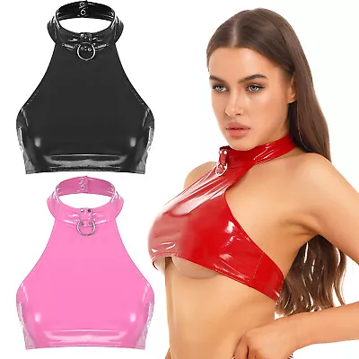 Women Wetlook Lingerie Vest Leather Halter Neck Backless Cami Bra Crops Tank Top • £13.07