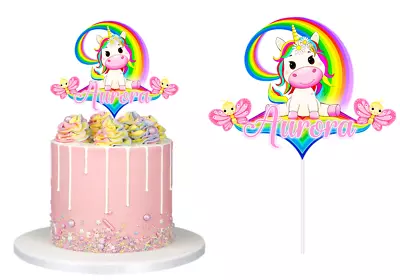 Unicorn Rainbow Butterfly Cake Topper Personalised Glossy Cardstock Decoration • $14.80