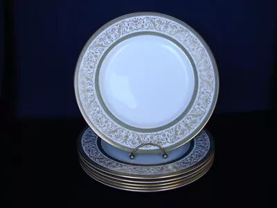 Set Of 6 Minton ARAGON 10-1/2  Dinner Plates Green W/Gold Dots & Filigree • $49.95