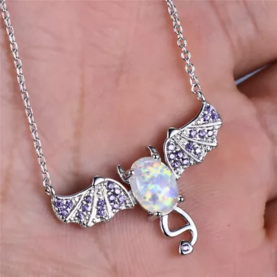 Fashion Silver Bat White Simulated Opal Pendant Necklace Wedding Jewelry Gift  • $0.91