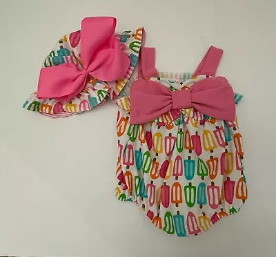 Mud Pie Pink Bow Ice Cream Popsicle Swimsuit & Hat Size 12-18 Months • $10