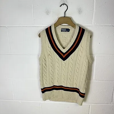 Vintage Polo Ralph Lauren Jumper Small Large Beige Cricket Vest Cashmere Wool RL • $87.08