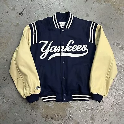 Vintage Majestic New York Yankees Leather Wool Varsity Jacket Large MLB Baseball • $299.99