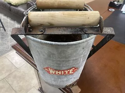Vintage WHITE Mop Bucket Wringer Galvanized With Foot Pedal & Wooden Rollers USA • $39.99