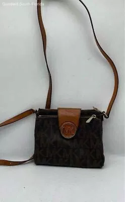 Michael Kors Womens Fulton Brown Monogram Print Leather Zipper Crossbody Handbag • $17.49