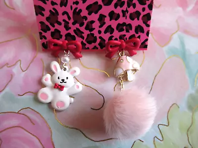 Betsey Johnson Fun Pom Pom Mushroom Enamel Pink White Rabbit Earrings New • $12.55
