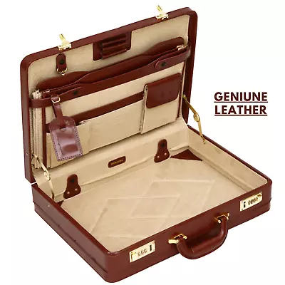 Cognac Leather Attache Briefcase Expandable Executive Business Case Work-Tassia • £109