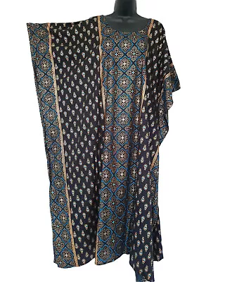 Lapogee Kaftan Caftan Long Dress One Size Navy Blue Gold Plus 3X 2X XXL XL Rayon • $19.99