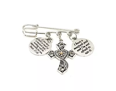 Mustard Seed Cross Three Charm Brooch Mustard Seed Pin Faith Gifts Christian • $19.95