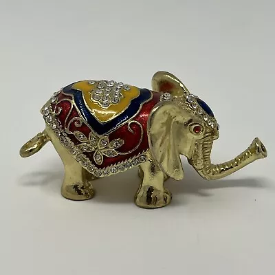 Jeweled ELEPHANT Hinged Trinket Box Paperweight Gold Metal Enamel Green Eyes • $20