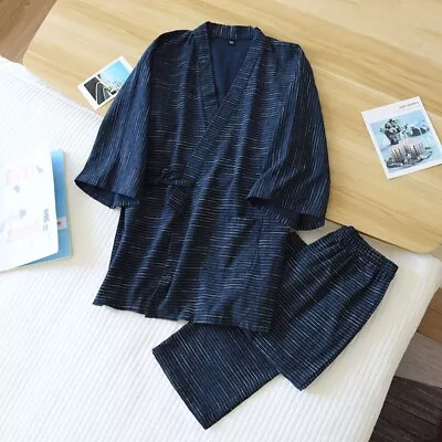 Chinese Japanese Mens Dark Blue Stripes Long Kimono Pyjamas Pajamas Menpjs54 • £23.99