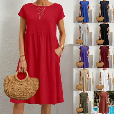 Womens Summer Loose Fit Mini Dress Ladies Short Sleeve Cotton Linen Sundress UK • £11.89