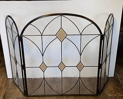 Vintage 3 Fold Stained Glass Fireplace Screen 52”X 35” A Great Piece Of Art • $299.95