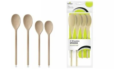 £3.49 • Buy 4Pcs WOODEN SPOONS SET Kitchen Cooking Baking Mixing Assorted Size Utensils