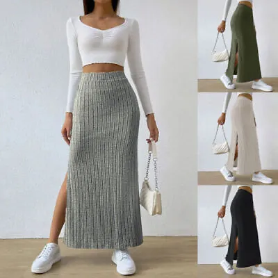 Women Knitted Ribbed Maxi Skirt Ladies High Waist Stretchy Slit Half Dress Size • £13.99