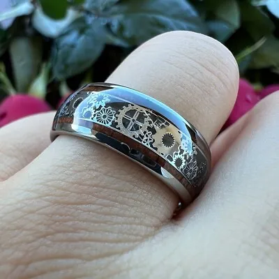 Stainless Steel Ring Mechanical Gear Wood Grain Steam Age Punk Men Jewelry Gift • $1.92