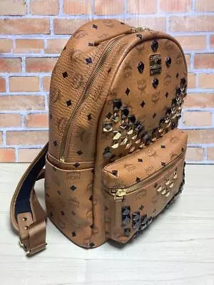 MCM Visetos Studs Cognac Leather Brown Backpack Metal Plate 32cm X 40cm X 16cm • $634.62