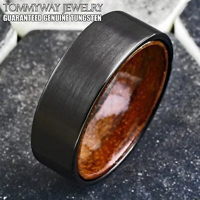 8mm Black Brushed Tungsten Red Sandal Wood Band Ring Men's Wedding Jewelry • $17.99