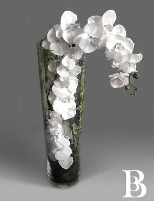 Large Tall Glass Vase Artificial White Orchid Flower Arrangement Real Feel Touch • £129