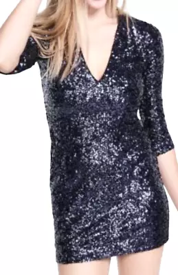 $9.99 • Buy New Express Blue Sequin Deep V Neck Mini Dress Size 0 Party Holiday