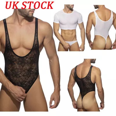 UK Mens Sissy See-through High Cut Thong Bodysuit Sissy Pouch Panties Underwears • £14.99