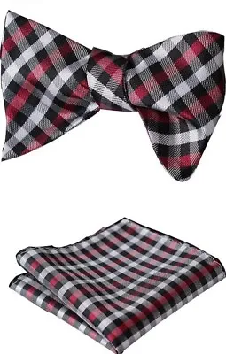 Mens Bowtie Red White Navy Blue Plaid Self Bow Tie Hanky Set • $13