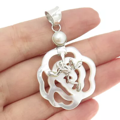 925 Sterling Silver Vintage Real Pearl & Carved MOP Frog On Flower Pendant • $42.99