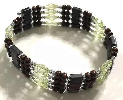 Magnetic Hematite Faceted Glass & Wood Beaded Wrap Around Bracelet 36” Long EUC • $8.48