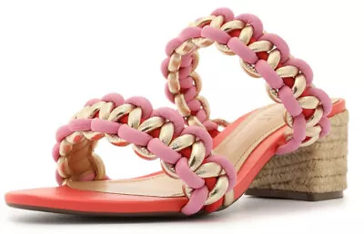 Schutz Juliet Mid Coral Braided Strap Slip On Open Toe Mid Block Heel Sandals • $49.95