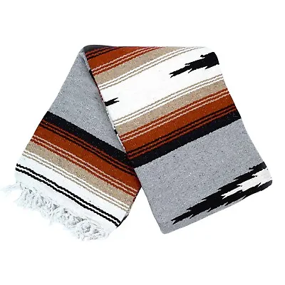 Mexican Yoga Blanket Grey Diamond Stripes White Tan Gray Serape Falsa Throw XL • $26.95