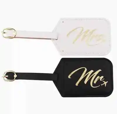 Mr & Mrs Luggage Tags Wedding Gift | Faux Leather Gold Foil Honeymoon Travel Set • £6.19