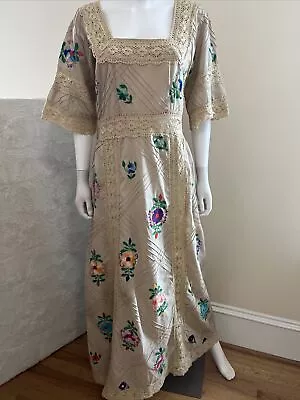 Vintage Mexican Embroidered Traditional Beige Cotton House Dress M Boho Peasant • $128