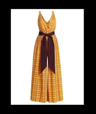$125 • Buy Staud Mika Mustard Gold Plaid Wide Leg Jumpsuit Large V-neck With Original Belt!