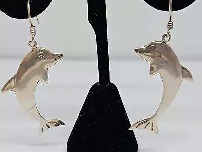 Vintage 925 Sterling Silver Hollow Back Dolphin Dangle Earrings • $15.99