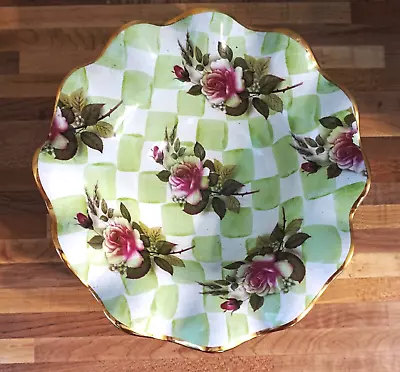 MacKenzie Childs Sweet Pea Green Check Roses 8.5  Ruffled Bowl 1997 Early • $89.10