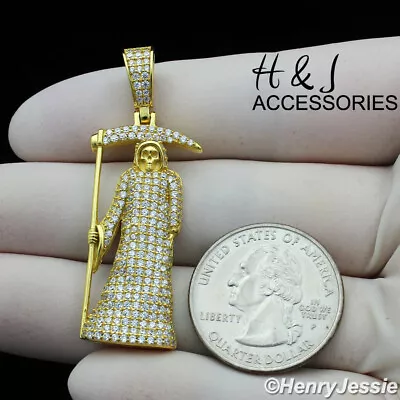 925 Sterling Silver Icy Cz 3d Gold Plated Santa  Muerte Charm Pendant*agp342 • $44.99