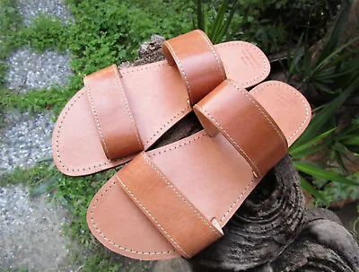 Slide Sandals Handmade Greek Leather Sandals Men's Two Strap Sandals • $42