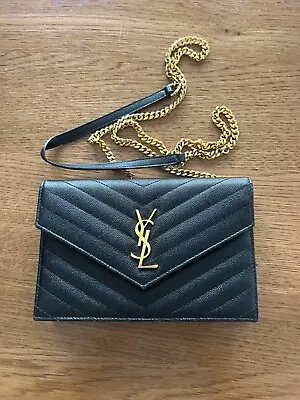 YSL Saint Laurent Bag Envelope Chain Crossbody Wallet Handbag Women Black Authen • $970