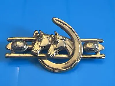 Equestrian Double Horse Bridle Gold Toned Vintage Horseshoe Brooch Pin • $16.50